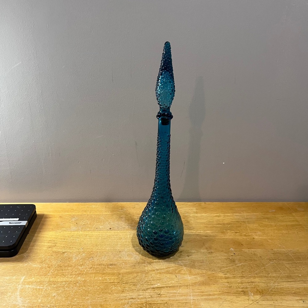 Vtg Empoli Blue Hobnail Bubble Glass Decanter‎ Genie Bottle Italy 21.5" MCM